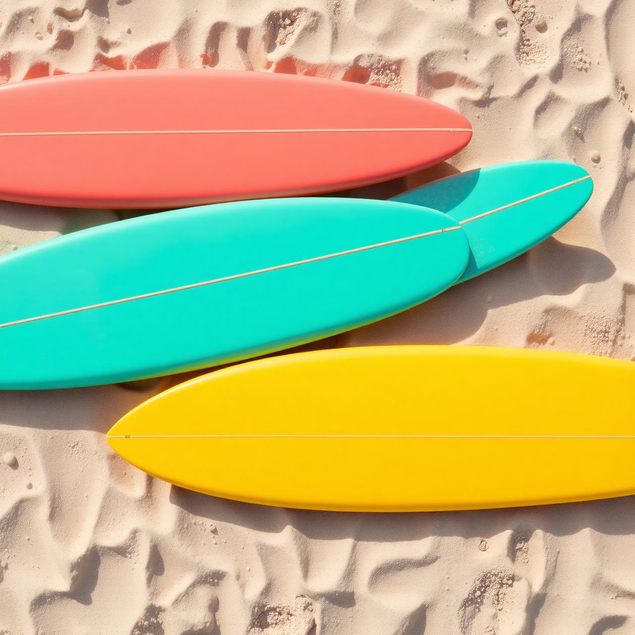 Coral, turquoise and yellow soft-top surfboards on sand